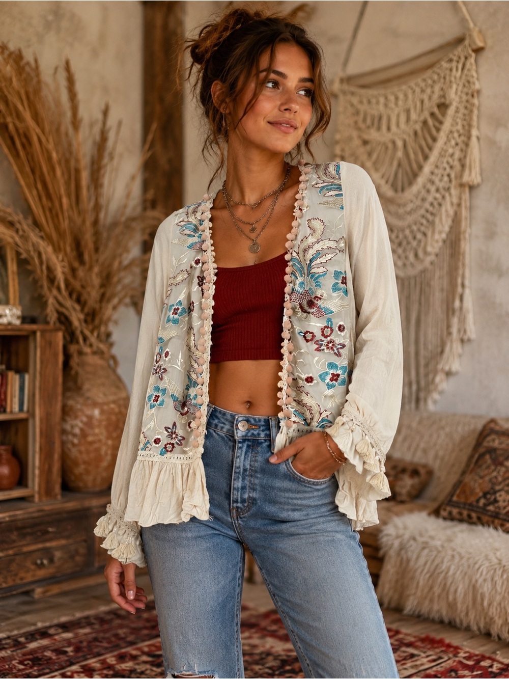 Lace Embroidered Tie-Front Top
